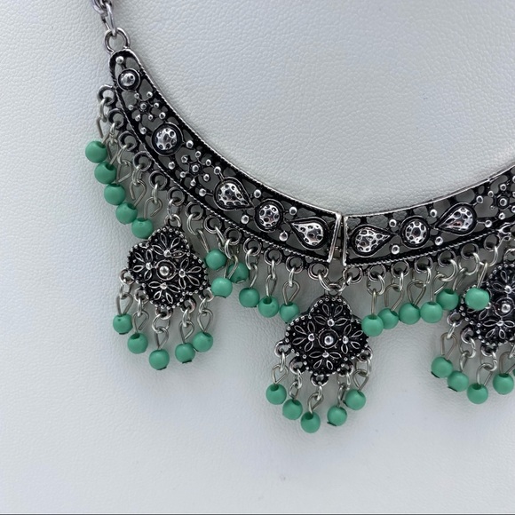 Southwestern Boho Silver Tone Multi Strand Dangling Beaded Statement Necklace - Picture 10 of 14